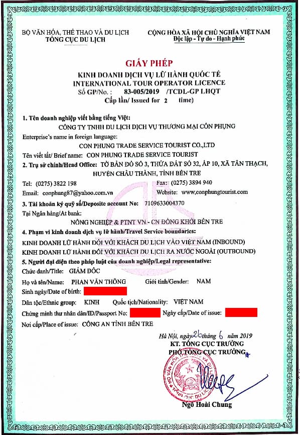 Giấy phép lữ hành Cồn Phụng